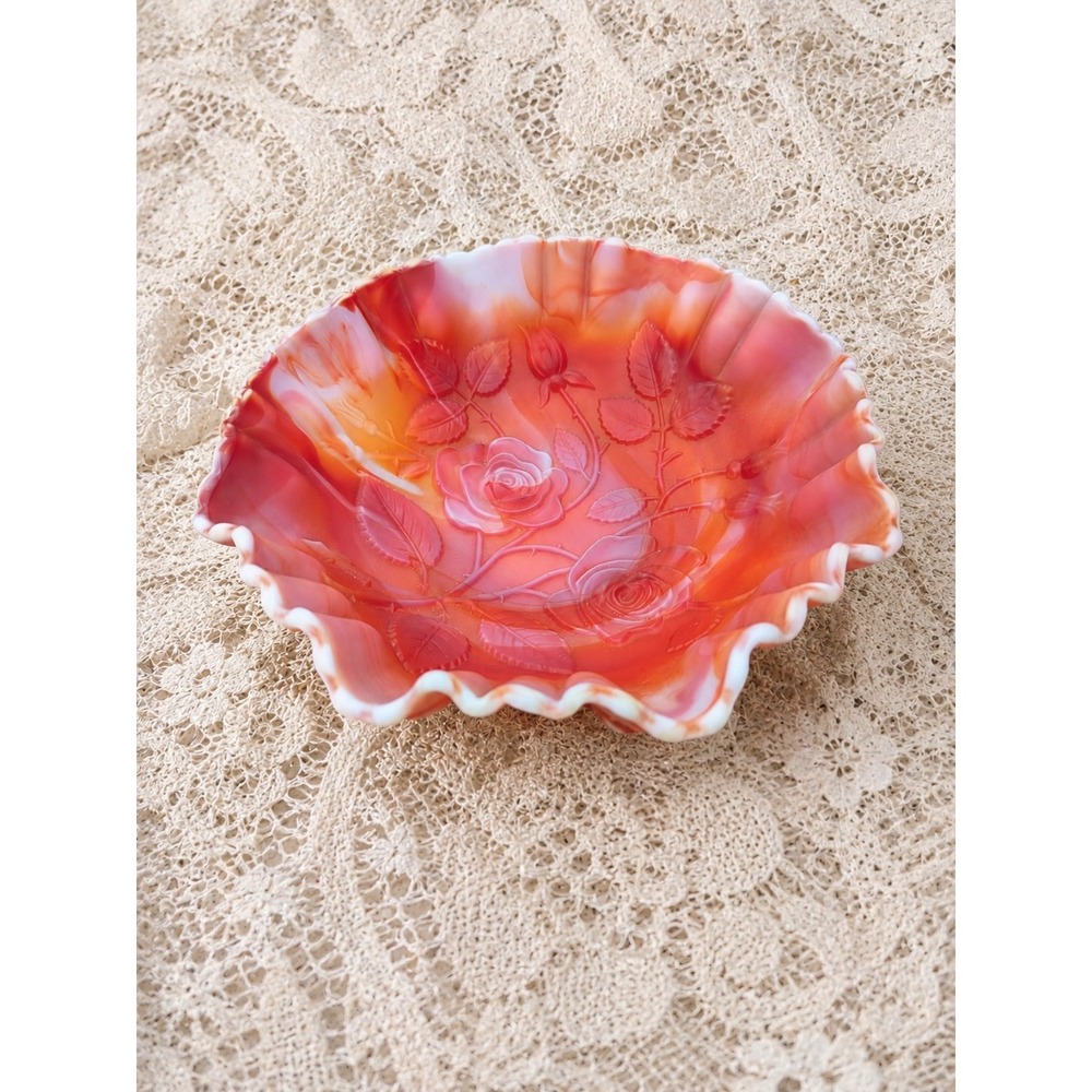 Vintage Imperial Glass Rose Bowl Orange White Slag Glass Ruffled Footed